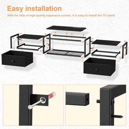 Snughome Floating TV Stand Wall Mounted with Power Outlet 55", Floating Entertainment Center with LED Lights, Floating TV Shelf with Drawer, Wall Mounted Media Console Shelf for Living Room, Bedroom - color: Black, size: 55.12" x 11.02" x 6.5"