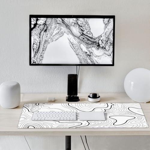 XXL White Topographic Contour Big Mouse Pad Large,Gaming Mouse Pad Desk Pad,35.4x15.7x0.12 Inch Long Computer Keyboard Mouse Mat Mousepad Non-Slip Base and Stitched Edge for Gaming and Office - color: White Topographic Contour, size: 35.4Lx15.7W inches
