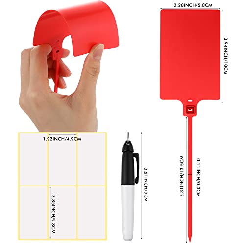 Pajean 50 Pieces Waterproof Plastic Tags with Marker Pens and Sticker Labels, Self Locking Bag Writable Tags with Wire Cable Ties for Luggage (Red) - color: Red