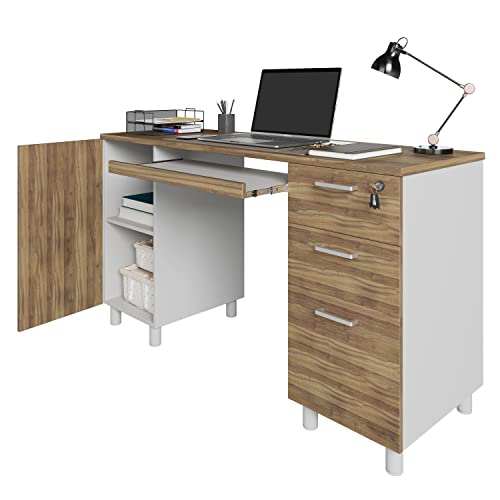 Modern Design Venice Computer Desk with Lockable Drawers, 53 Inch Home Office Desk with Storage Cabinet, Keyboard Tray & Cable Management, Modern Study Writing Desk for Small Spaces, Walnut and White - color: Walnut White