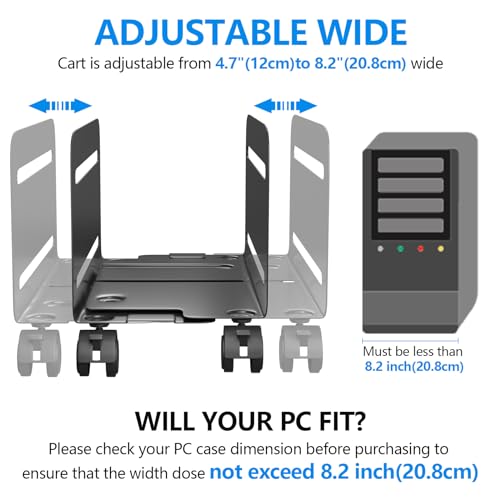 AGPTEK CPU Stand - Adjustable Width 4.7" to 8.2" with 2 Locking Wheels and 2 Caster Wheels - Black - size: A