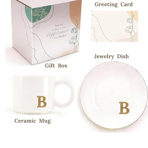 RainVibe Elegant Gift Set for Women – Personalized Monogram Ceramic Mug & Jewelry Tray – 12 oz Gold-Initial Coffee Cup with Gift Box, 4.75" Decorative Dish for Rings, Earrings, Keys (Letter B) - color: Letter B