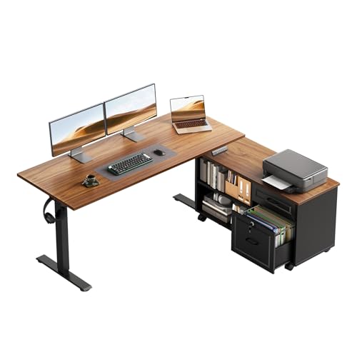 OffiGo 48 Inch L Shaped Electric Standing Desk with Drawers & File Cabinet Sets, Executive Sit Stand Desk, Height Adjustable Computer Desk for Home Office, Writing, Workstation, Walnut+Black - color: Walnut+black, size: 48 Inch