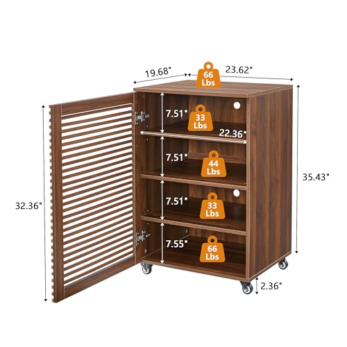 LEVNARY 5-Tier AV Media Cabinet with Grille Door & Adjustable Shelves, Modern Wooden Stereo Rack with Cable Management & Wheels, Audio Video Stand for Living Gaming Room Recording Studio (Walnut) - color: Walnut