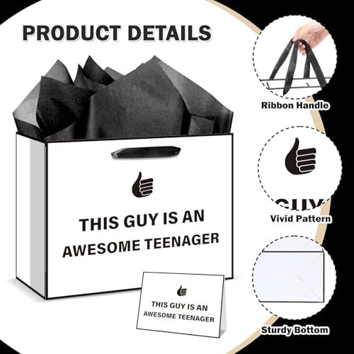 bigniuzi Funny Teenager Birthday Gift Bag with Tissue Paper Greeting Card Teenager Wrapping Paper, Birthday Gifts for 13 14 15 16 17 18 Years Old Boy