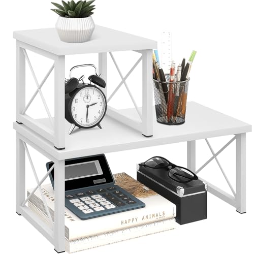 ELITEROO Wood Desktop Shelf, Freestanding Small Bookshelf Dorm Supplies Organizers, 2 Tier Independent Stackable Desk Stand, Adjustable Storage Organizer, Kitchen Counter Display Rack, White - color: White