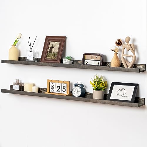 FLYJOE 48 Inches Long Floating Shelves for Wall, Solid Pine Wood Picture Ledge Shelves, Wall Shelves with Lips, Nursery Book Shelves for Toys Storage Living Room Bedroom Photo Frames (2 Pcs, Grey) - color: Grey, size: 48'', set of 2