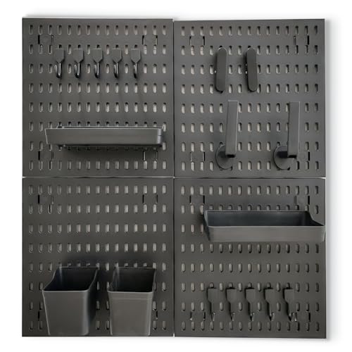 Black Pegboard Organizer Set with Hooks & Storage Boxes, Desk or Wall Peg Board Panels for Tools, Crafts, and Office Supplies – 4 Boards (30×30 cm Each)