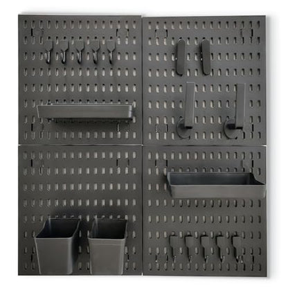 Black Pegboard Organizer Set with Hooks & Storage Boxes, Desk or Wall Peg Board Panels for Tools, Crafts, and Office Supplies – 4 Boards (30×30 cm Each)