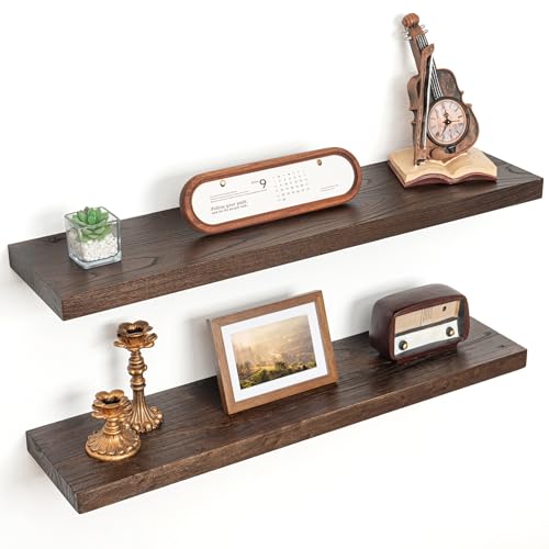 Floating Shelves for Wall Decor, 8 Inch Deep Rustic Solid Elm Wood Floating Shelves Wall Mounted, Wall Shelves with Invisible Bracket for Living Room Bathroom Bedroom Kitchen, 32 Inch Set of 2, Walnut - color: Walnut, size: Flat Edge, 32inch, 2Packs