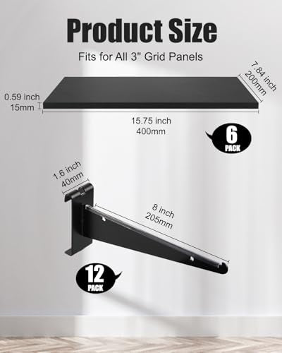 6 Pack Gridwall Shelf with Metal Brackets, 16"x 8" Wooden Gridwall Shelves Heavy Duty Gridwall Shelving Organizer Accessories for Garage, Visualizer, Workbench and Bitchenette (16x8x0.6) - style: 6PACK,16×8inch