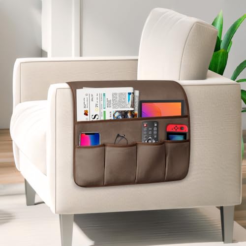 TV Remote Control Holder Couch Caddy, Non-slip Bedside Caddy Organizer with 5 Pockets for Key Glasses Phone Magazine Holders (Brown, 35''x18'') - color: Brown, size: 35"x18"