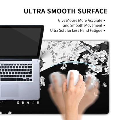 Black and White Cherry Blossom Gaming Mouse Pad XL，Large Mouse Pad Japanese Sakura Death Life Mouse Mat Desk Pad, Extended Stitched Non-Slip Rubber Edges Mousepad 31.5 X 11.8 Inch - color: Black and White Cherry Blossom, size: 31.5x11.8 Inch