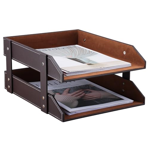 KINGFOM Letter Tray, Leather Paper Organizer Tray, Wooden Desk File Holder, Desktop File, Stackable Magazine Holder, Mail Sorter, Great for Home or Office - 2 Level Brown - color: Brown, size: 10.8" x 13.8" x 7.2"