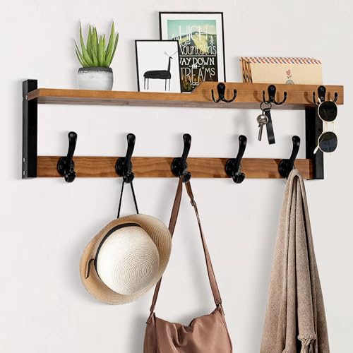 dreampossible 4 in 1 Coat Rack Wall Mount with Shelf, Coat Hooks 25.2" Entryway Coat Hanger with Key Hooks and Mail Holder, Wall Hooks with Shelf, Hat Rack for Wall Key Holder Mail Organizer - color: Brown