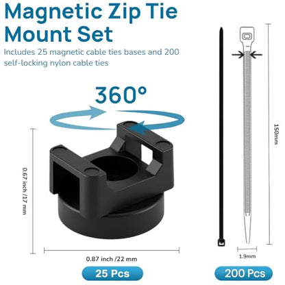 225-Pc Magnetic Cable Ties Set,Magnetic Zip Tie Mounts & Cable Ties | Magnetic Wire Holder, 25 Magnetic Cable Holders & 200 Zip Ties, Magnet Cable Tie Mounts for Cables, Wires, Cords, Hoses-22 mm - size: 22mm