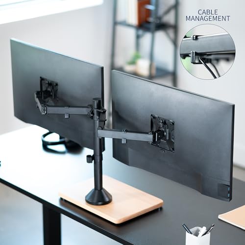 VIVO Freestanding Dual Monitor Stand with Solid Wood Base and Adjustable Arms, Mounts 2 Screens up to 32 inch and 22 lbs Each, Black, STAND-V002FD-B - color: Black/Wood, size: 13" to 32" Screens
