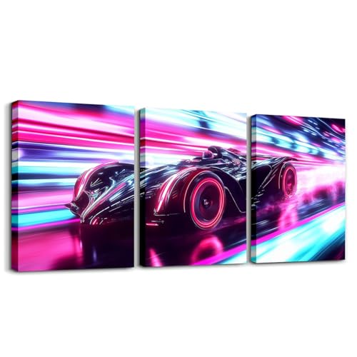 Erosebridal Race Car Boys Canvas Wall Art Set of 3 Cool Speed Racing Car Wall Art 3D Geometric Design - Extreme Sports Themed Decor for Girls Kids Teens,Black Pink,12x16 - color: Black Blue Pink