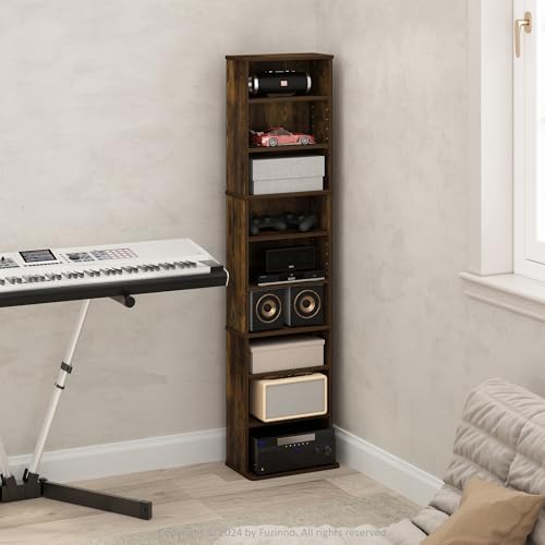 Furinno Jaya DVD Shelf, 9-Shelf Tall Narrow CD Rack, Media Shelf with Adjustable Shelves, DVD Storage Cabinets for CD Blueray Game Disc, Easy Assembly, for Living Room, Home Office, Amber Pine - color: Amber Pine, size: 9-Shelf