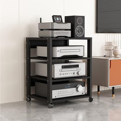 4 Tier Audio Rack Tower, CD Record Player Stereo Receiver AV Equipment Cabinet Display Rack, Weight Capacity 661 lbs, with Adjustable Wooden Shelves for Home (4 Tier Black) - size: 4 Tier Black
