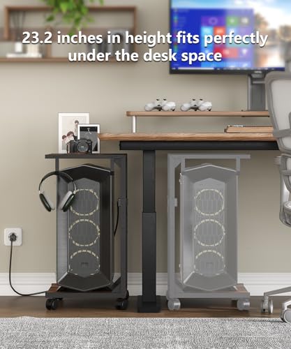 Akxomel 2 Tier Computer Tower Stand with Charging Station, 11.8" D x 16.5" W Rolling Floor PC Tower Stand Fits Under Desk, CPU Holder Cart for Carpet with Hooks, C Shaped End Table for Home Office - color: Rustic Brown