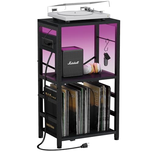 YAKANJ End Table with LED Light,Record Player Stand with Charging Station,Vinyl Records Storage,Turntable Stand Albums Storage for Music Room Studio-Industry Black - color: Industry Black