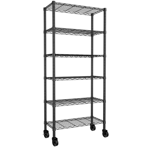 REGILLER 6-Wire Shelving Metal Storage Rack Adjustable Shelves,Standing Storage Shelf Units for Laundry Bathroom Kitchen Pantry Closet(Black,14.1" D x 30" W x 80" H,With Wheels) - color: Black, size: With Wheels 6tier 14.1"D x 30"W x 80"H