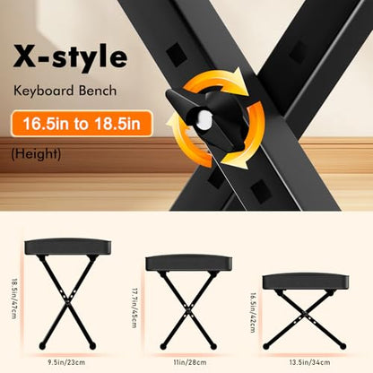 GLEAM Keyboard Stand and Bench Set, Double X Style Digital Piano Stand Height from 19" to 38", Heavy Density Foam Padded Stool from 14" to 18" Black