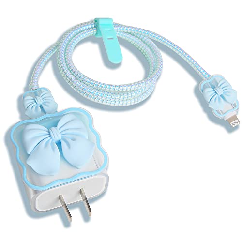 Compatible with iPhone 18W/20W USB-C Charger Cover Cute 3D Bow Tie Design Clear Soft Charger Protector Kawaii Cable Saver for iPhone 11 12 13 14 Pro Max Fast Power Adapter, Blue 2 (5in1) - color: Blue 2 (5 in 1)