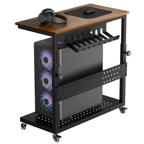 Garvee PC Computer Tower Stand with Wheels, 2-Tier Adjustable CPU Holder Cart, Rolling Mobile Desk Stand with Cable Management & Hooks, Small Side Table for Home Office/Gaming,Walnut - color: Walnut