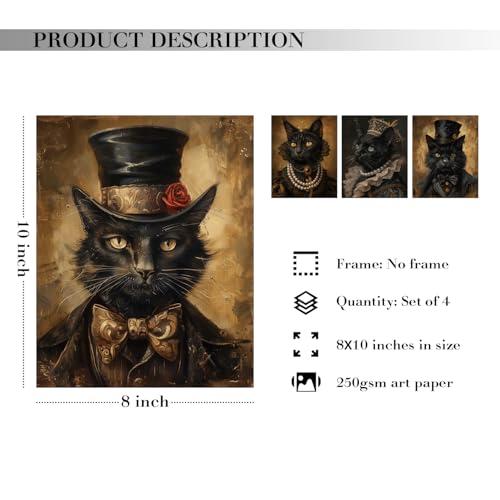 JXREQ Vintage Black Cat Wall Decor for Bedroom Living Room, Retro Dark Academia Vintage Style Animal Art Posters Set of 4, Halloween Pictures Wall Decor, 8x10 Inch Unframed