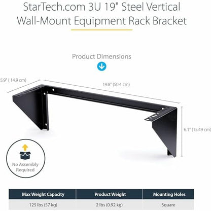 StarTech 3U Vertical Wall-Mount Rack Bracket, 19in, 150lb, TAA (RK319WALLV) - size: 3U