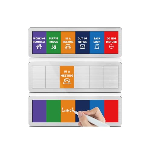 Office Door Signs with 6 Printed Status Options – Do Not Disturb, Out of Office, In a Meeting, Please Knock, Work from Home, Back Soon – Includes Custom Personalized Blank Sticker for Privacy Workspace or Studio Available and Away - style: Brushed Silver