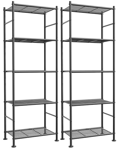 Sakugi Storage Shelves - Set of 2, 5-Tier Metal Shelf Organizer, Space-Saving Garage Shelving with Leveling Feet, Standing Shelves Organizer for Kitchen, Laundry, Pantry (18.4" x 12.6" x 57.4", Black) - color: Black, size: 18.4W×12.6D×57.4H(5T)