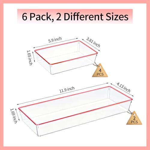 6 Pack Large Size Clear Stackable Drawer Organizer Trays, Rose Gold Rim Makeup Drawer Storage Tray Divider, Desk Storage for Makeup, Jewelry, Bathroom, Stationary, Kitchen Utensils and Office Desk - color: Rose Gold, size: 6 PACK