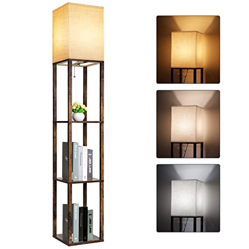 RUNTOP Floor Lamp with Shelves, Modern Shelf Lamp for Display Storage, 3 Color Temperature Wood Narrow Standing Corner Lamp with 8W Bulb for Living Room Decor, Bedroom, Office, Home Decor(Brown) - color: Rustic Brown