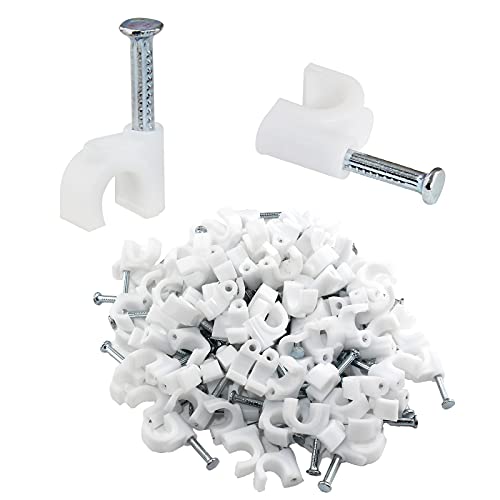 Bonsicoky 100Pcs Nail Cable Clips with Steel Nail, 6mm White Cable Wire Management Clips for Ethernet Cable, Telephone Cable, TV Wire Cable, Print Cable