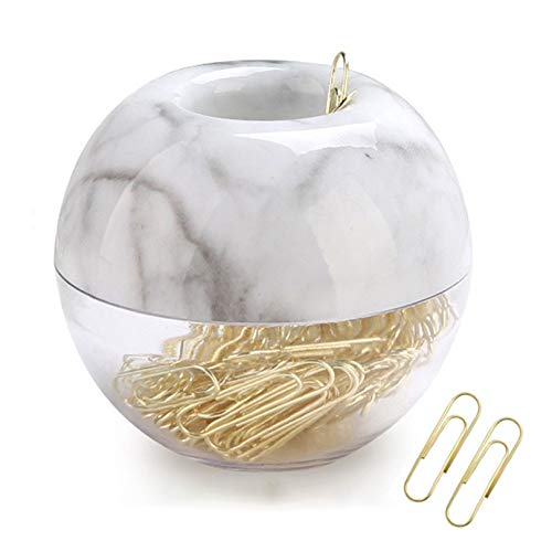 Magnetic Paper Clip Holder, Marble White holder with Gold PaperClips 100pcs 28mm(1.1") Cute Office Supplies for Desk Organizer - color: Marble