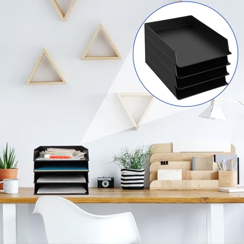 Wenqik 4 Pcs Stackable Paper Trays Rectangular Plastic Desk Holder Desktop Document File Organizer Storage Letter for Office Classroom (Black) - color: Black