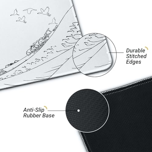 Gaming Mouse Pad, Large 31.5 x 11.8 inches Mousepad, Long Keyboard Pad, Cute Mouse Mat for Computer with Stitched Edges and Non-Slip Base (Japanese Grey White Wave) - color: Japanese White Wave