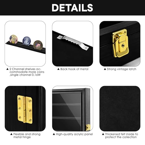 Military Challenge Coin Display Shadow Box Holds Up to 70 Coins, Lockable Wall-Mounted Cabinet for Medals, Pins, Patches & Ribbons, Removable Shelves, Pinnable Velvet Backing, UV Acrylic Door(Black) - size: L-5 Rows
