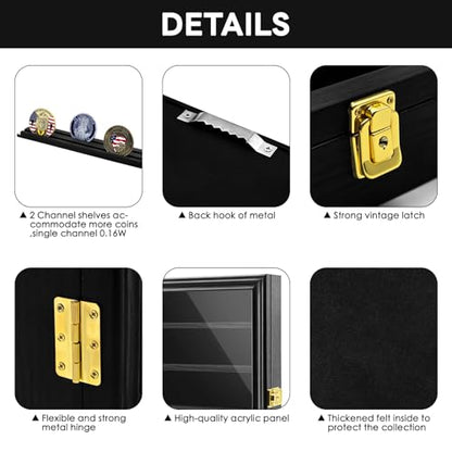 Military Challenge Coin Display Shadow Box Holds Up to 70 Coins, Lockable Wall-Mounted Cabinet for Medals, Pins, Patches & Ribbons, Removable Shelves, Pinnable Velvet Backing, UV Acrylic Door(Black) - size: L-5 Rows