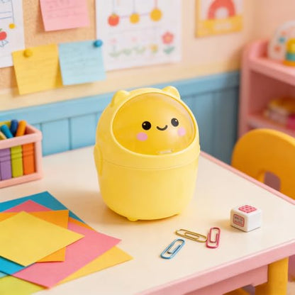 Mini Trash Can, Cute Small Trash Can with Lid, Desktop Paper Bin with 5 Rolls of Bin Liners, Portable Tabletop Dustbin, Cartoon Animal Rubbish Storage for Office Bedroom Desk Kitchen(Yellow) - color: Yellow