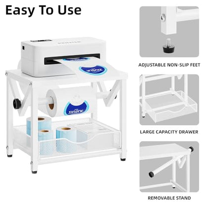 Marbrasse Label Holder for Rolls and Fanfold Labels, Metal Thermal Label Printer Holder with Drawer, Shipping Label Stand, Sticker Roll Holder for Home, Office, Small Business,White - color: White
