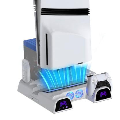 Cooling Station for PS5/Slim/Pro/Disc&Digital, White Cooling Stand with Dual PS5 Controller Charging Station, 3 Levels Cooling Fan, Multi-Function PS5 Accessories Slot and USB Hub