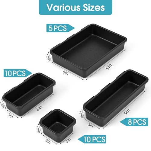33 PCS Drawer Organizer Set, 4 Size Makeup Drawer Divider Organizer With Non-Slip Pads, Interlocking Plastic Storage Bins for Office,Jewelry Vanity,Gadgets, Bathroom,Kitchen, Black - color: Black, size: 33Pack