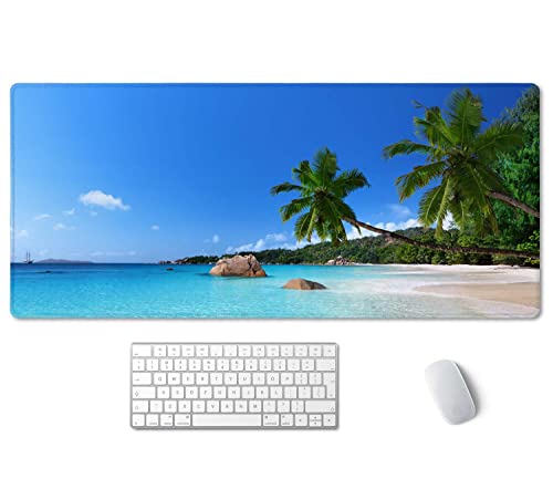 SSOIU Tropical Paradise Sunshine Beach Coast Sea Palm Trees Mouse Pad 35.5 X 15.7 Inch XXL Full Desk Mousepad Extended Large Non-Slip Rubber Base Waterproof Big Keyboard Mat with Stitched Edges - color: Beach Palm Trees