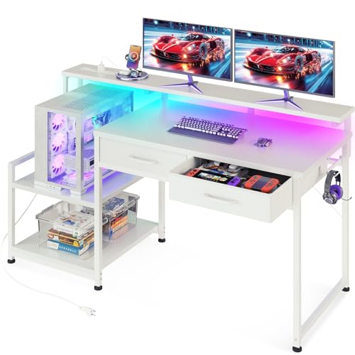ODK Gaming Desk with Led Lights & Power Outlet, 48 Inch Computer Desk with Drawers, Office Desk with Large Display Storage Shelves, Reversible Desk with Monitor Stand for Home, Carbon Fiber White