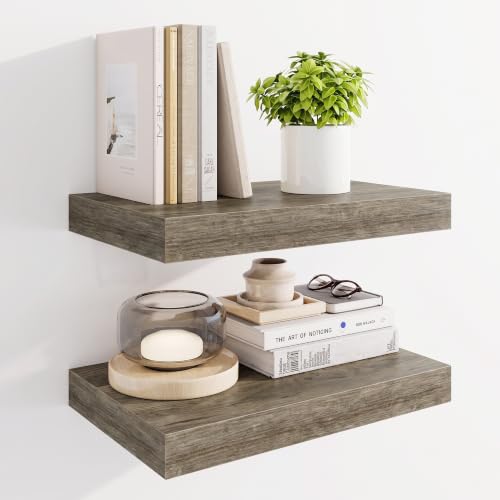 Marsmiles 16" Floating Shelves for Wall, Wooden Shelves with Invisible Brackets Set of 2, Rustic Farmhouse Wall Mounted Shelf for Kitchen Bathroom Living Room Study, Grey - color: Grey, size: 16"