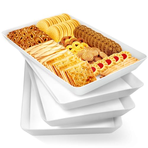 WOWBOX 4 pcs Serving Tray for Party, Grilling Accessories, Serving Platters for Snacks, Fruit, Reusable Plastic Trays for Serving Food and Pantry Organization in Kitchen & for Mothers Day Parties - color: White